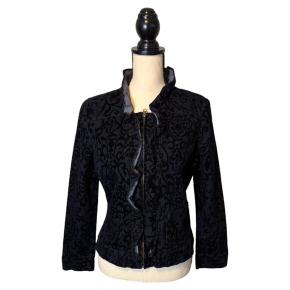Tantrums Blue Jean Jacket Velvet Design Ruffle Trim Zip Up Denim Women's Medium - Picture 2 of 7